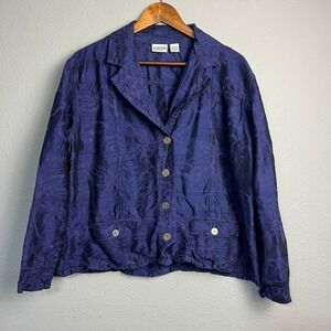 Chico's Size 16 Purple Floral Embroidered Silk Blend Bomber‎ Button Front Jacket